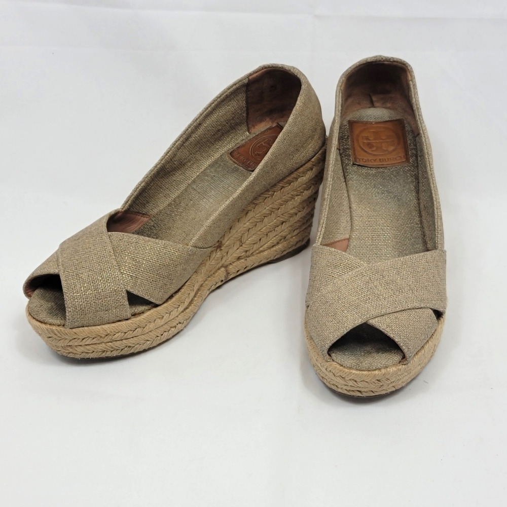 Tory Burch Beige Canvas Espadrille Wedge Sandals
